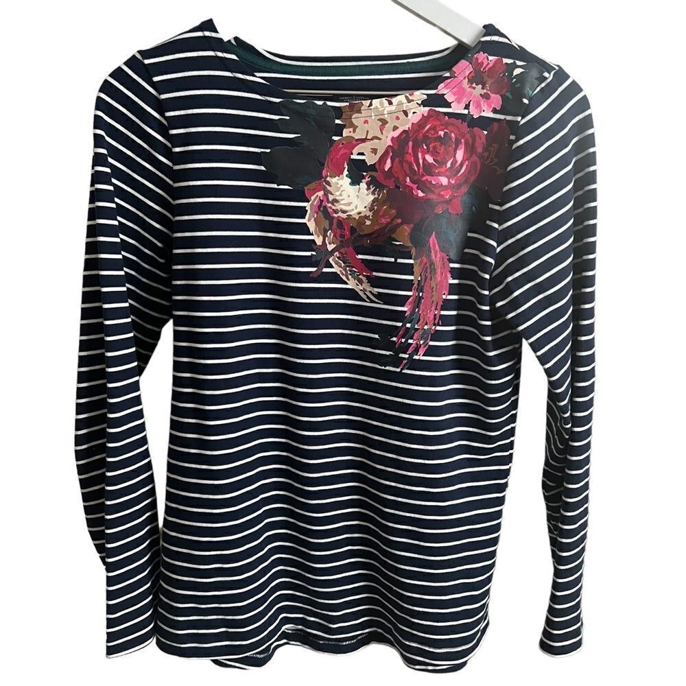 Joules French Striped Floral Applique Tee size 4 /UK8/EU36 Navy Blue Bird Top